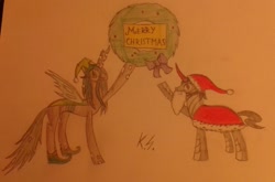 Size: 1024x674 | Tagged: safe, artist:kishinshruikan, imported from derpibooru, king sombra, queen chrysalis, christmas, chrysombra, female, male, shipping, straight, traditional art