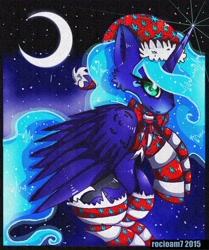 Size: 2704x3240 | Tagged: safe, artist:rocioam7, imported from derpibooru, princess luna, clothes, female, flying, hat, moon, night, santa hat, socks, solo, striped socks