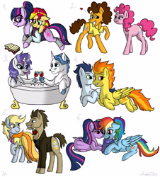 Size: 1850x2050 | Tagged: safe, artist:shimazun, imported from derpibooru, cheese sandwich, derpy hooves, doctor whooves, fancypants, pinkie pie, rainbow dash, rarity, sci-twi, soarin', spitfire, sunset shimmer, time turner, twilight sparkle, alicorn, pony, alternate hairstyle, bath, bathtub, cheesepie, claw foot bathtub, clothes, cutie mark, doctorderpy, dress, female, flower, flower in mouth, lesbian, magical lesbian spawn, male, mare, mouth hold, offspring, parent:rainbow dash, parent:twilight sparkle, parents:twidash, prone, raripants, rose, scitwishimmer, shipping, soarinfire, straight, sunsetsparkle, twidash, twilight sparkle (alicorn), unicorn sci-twi