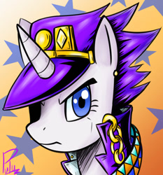 Size: 600x645 | Tagged: dead source, safe, artist:pulu, imported from derpibooru, rarity, pony, unicorn, chains, clothes, female, jacket, jojo's bizarre adventure, jotaro kujo, looking at you, solo, stardust crusaders, the mane is the hat