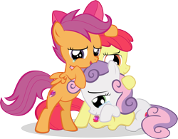 Size: 6561x5121 | Tagged: safe, artist:rainihorn, imported from derpibooru, apple bloom, scootaloo, sweetie belle, absurd resolution, bipedal, crying, cutie mark, cutie mark crusaders, embrace, group hug, hug, show accurate, simple background, tears of joy, the cmc's cutie marks, transparent background, vector