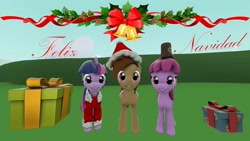 Size: 1920x1080 | Tagged: safe, imported from derpibooru, berry punch, berryshine, twilight sparkle, 3d, bottle, christmas, hat, santa hat