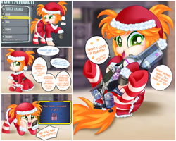 Size: 1280x1024 | Tagged: safe, artist:imoshie, imported from derpibooru, oc, oc only, oc:gaige, amputee, borderlands, borderlands 2, christmas, clothes, comic, cute, gaige, gun, hat, holiday, prosthetic limb, prosthetics, santa hat, scrunchy face, socks, striped socks, weapon