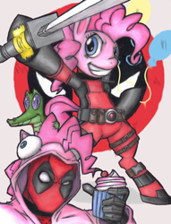 Size: 400x523 | Tagged: safe, artist:pulu, edit, imported from derpibooru, gummy, pinkie pie, alligator, pony, accesory swap, accessory swap, bipedal, clothes, cosplay, costume, cupcake, cutie mark, deadpool, duct tape, female, food, hoodie, katana, mare, marvel, pinkiepool, pinkiepool (pairing), sword, traditional art, weapon, xk-class end-of-the-world scenario