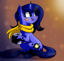 Size: 2223x2109 | Tagged: safe, artist:sigmanas, imported from derpibooru, oc, oc only, pony, unicorn, clothes, coffee, cup, cute, food, scarf, sitting, solo, spots, tea, щщоки