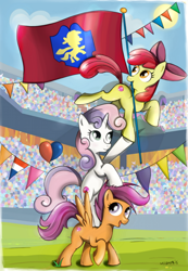 Size: 600x867 | Tagged: safe, artist:milanoss, imported from derpibooru, apple bloom, scootaloo, sweetie belle, equestria games (episode), cutie mark, cutie mark crusaders, equestria games, flag, the cmc's cutie marks, tower of pony