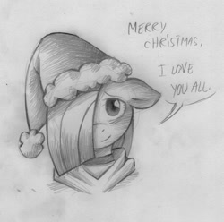 Size: 850x842 | Tagged: safe, artist:lonelycross, imported from derpibooru, marble pie, ask lonely inky, blushing, choker, christmas, clothes, explicit source, female, hat, holiday, hoodie, lonely inky, looking at you, merry christmas, monochrome, old, santa hat, solo, traditional art