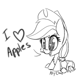 Size: 1389x1385 | Tagged: safe, artist:allyclaw, imported from derpibooru, applejack, apple, big eyes, chibi, cute, female, fluffy, food, love, monochrome, solo, that pony sure does love apples