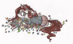 Size: 1904x1148 | Tagged: safe, artist:maslozerca, imported from derpibooru, oc, oc only, flower, glasses, sad, solo, traditional art