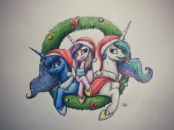 Size: 3200x2400 | Tagged: safe, artist:lupiarts, imported from derpibooru, princess cadance, princess celestia, princess luna, pony, advent calendar, candy, candy cane, christmas, food, hat, princess, santa hat, traditional art