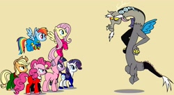 Size: 5467x3001 | Tagged: safe, artist:alvaxerox, imported from derpibooru, applejack, discord, fluttershy, pinkie pie, rainbow dash, rarity, twilight sparkle, clothes, mane six