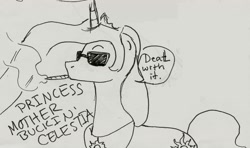 Size: 1947x1151 | Tagged: safe, artist:xxtaraxkitaidexx, imported from derpibooru, princess celestia, female, monochrome, smoking, solo, sunglasses