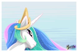 Size: 1500x1000 | Tagged: safe, artist:mysticalpha, imported from derpibooru, princess celestia, alicorn, pony, abstract background, bust, female, frown, glare, looking up, mare, portrait, simple background, solo