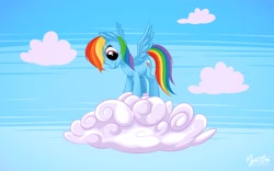 Size: 2560x1600 | Tagged: safe, artist:mysticalpha, imported from derpibooru, rainbow dash, cloud, female, smiling, solo, spread wings, standing