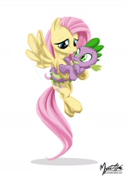 Size: 1000x1414 | Tagged: safe, artist:mysticalpha, imported from derpibooru, fluttershy, spike, dragon, pegasus, pony, friendship is magic, duo, female, flutterspike, flying, holding, holding a dragon, male, mare, scene interpretation, shipping, simple background, straight, white background