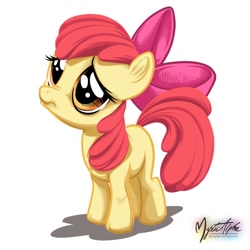 Size: 1000x1000 | Tagged: safe, artist:mysticalpha, imported from derpibooru, apple bloom, pony, friendship is magic, adorabloom, cute, female, filly, foal, frown, looking up, nose wrinkle, sad, scene interpretation, simple background, solo
