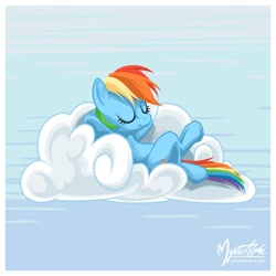 Size: 1000x1000 | Tagged: safe, artist:mysticalpha, imported from derpibooru, rainbow dash, pegasus, pony, cloud, eyes closed, female, lying down, mare, on back, sleeping, solo