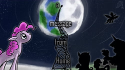 Size: 4000x2250 | Tagged: safe, artist:dragonwolfrooke, imported from derpibooru, applejack, fluttershy, pinkie pie, rainbow dash, rarity, twilight sparkle, moon, music, pink side of the moon, radio tower, silhouette, space