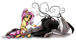 Size: 1403x772 | Tagged: safe, artist:skyrore1999, imported from derpibooru, fluttershy, pegasus, pony, creepypasta, duo, female, injured, mare, ponified, slenderman, slenderpony