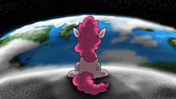 Size: 4800x2700 | Tagged: safe, artist:dragonwolfrooke, imported from derpibooru, pinkie pie, earth pony, pony, album cover, earth, female, mare, moon, music, pink side of the moon, rear view, sitting, solo, song cover, space