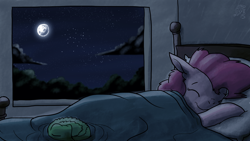 Size: 4000x2250 | Tagged: safe, artist:dragonwolfrooke, imported from derpibooru, gummy, pinkie pie, bed, duo, female, male, moon, music, night, pink side of the moon, sleeping, solo