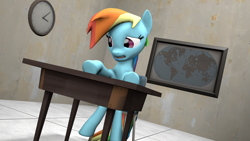 Size: 1920x1080 | Tagged: safe, artist:enderdiamondd, imported from derpibooru, rainbow dash, 3d, clock, desk, female, map, room, solo, source filmmaker, worried