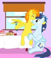 Size: 3376x3824 | Tagged: safe, artist:angina pectoris, imported from derpibooru, soarin', spitfire, pony, apple, blueberries, blueberry, breakfast, cake, cute, feeding, female, food, fork, kissing, male, pancakes, plate, shipping, sitting, smiling, soarinfire, straight, strawberry, table, window