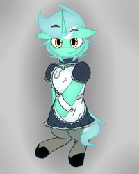 Size: 1024x1280 | Tagged: safe, artist:aidraws, artist:artsyambi, imported from derpibooru, lyra heartstrings, pony, apron, choker, clothes, crossdressing, dress, guyra, looking at you, maid, pantyhose, rule 63, smiling, solo