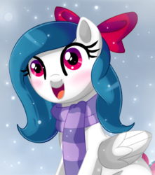 Size: 1280x1447 | Tagged: safe, artist:spookyle, imported from derpibooru, oc, oc only, oc:cloud tuft, pegasus, pony, bow, clothes, open mouth, scarf, snow, snowfall, solo