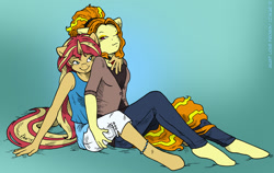 Size: 1200x759 | Tagged: safe, artist:kaemantis, imported from derpibooru, adagio dazzle, sunset shimmer, anthro, unguligrade anthro, equestria girls, adoragio, anklet, bedroom eyes, cuddling, cute, female, lesbian, shimmerbetes, shipping, sitting, sitting on lap, sitting on person, smiling, snuggling, sunsagio