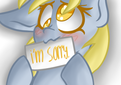 Size: 1191x842 | Tagged: safe, artist:darkestsunset, imported from derpibooru, derpy hooves, pegasus, pony, apology, begging, cute, derpabetes, female, mare, sign, solo, sorry