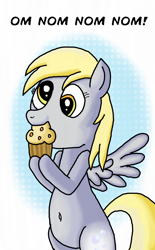 Size: 1266x2048 | Tagged: safe, artist:saburodaimando, imported from derpibooru, derpy hooves, pegasus, pony, belly button, cute, derpabetes, eating, female, food, mare, muffin, nom, solo