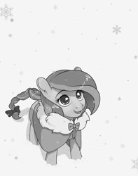 Size: 700x890 | Tagged: safe, artist:sugarcup, imported from derpibooru, oc, oc only, cloak, clothes, female, filly, monochrome, snow, snowfall, solo