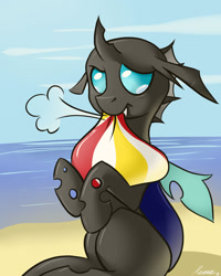 Size: 2000x2500 | Tagged: safe, artist:whitepone, imported from derpibooru, changeling, beach, beach ball, cute, cuteling, deflation, fangs, high res, ocean, sad, solo