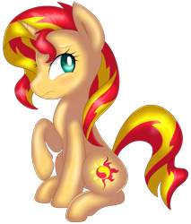 Size: 861x1010 | Tagged: safe, artist:rosaiine, imported from derpibooru, sunset shimmer, pony, unicorn, equestria girls, blushing, female, mare, simple background, sitting, solo, white background