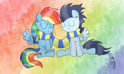 Size: 960x576 | Tagged: safe, artist:prancuss, imported from derpibooru, rainbow dash, soarin', pony, clothes, eyes closed, female, male, scarf, shared clothing, shared scarf, shipping, soarindash, straight