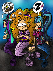 Size: 1120x1500 | Tagged: safe, artist:andreu-t, imported from derpibooru, adagio dazzle, aria blaze, sonata dusk, human, mermaid, humanized, mermaidized, sleeping, snoring, the dazzlings, z, zzz