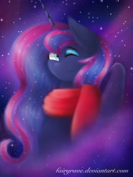 Size: 960x1280 | Tagged: safe, artist:fairyrave, imported from derpibooru, princess luna, clothes, female, scarf, solo, stars, wink