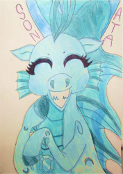 Size: 911x1289 | Tagged: safe, artist:blazingdazzlingdusk, derpibooru exclusive, imported from derpibooru, sonata dusk, siren, equestria girls, rainbow rocks, adventure in the comments, drawing, female, grin, looking at you, solo, traditional art, true form