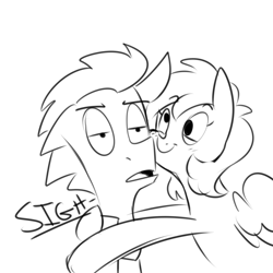 Size: 750x750 | Tagged: safe, artist:craftykraken, imported from derpibooru, derpy hooves, doctor whooves, time turner, pegasus, pony, female, hug, mare, monochrome, sketch