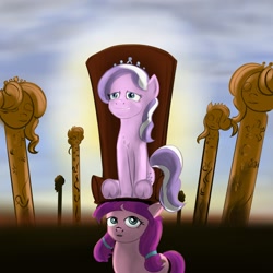 Size: 1472x1472 | Tagged: safe, artist:kwendynew, imported from derpibooru, diamond tiara, lily longsocks, earth pony, pony, background pony, duo, female, filly, strong, super strength, surreal, throne, underhoof