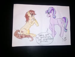 Size: 960x720 | Tagged: safe, imported from derpibooru, starlight glimmer, oc, oc:maría teresa de los ponyos paguetti, eating, empanada, food, spanish, traditional art