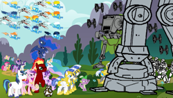 Size: 1191x671 | Tagged: safe, artist:usa92, imported from derpibooru, applejack, fluttershy, pinkie pie, princess cadance, princess celestia, princess luna, rainbow dash, rarity, shining armor, spike, starlight glimmer, twilight sparkle, oc, alicorn, pony, at-at, at-st, bb-8, crossover, female, mare, royal guard, star wars, star wars: the force awakens, starfighter, stormtrooper, the first order, tie fighter, twilight sparkle (alicorn), wonderbolts, x-wing