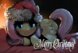 Size: 791x536 | Tagged: safe, artist:ciyunhe, imported from derpibooru, fluttershy, pegasus, pony, christmas, cute, female, hat, santa hat, shyabetes, solo
