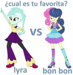 Size: 676x702 | Tagged: safe, imported from derpibooru, bon bon, lyra heartstrings, sweetie drops, equestria girls, spanish, translated in the comments