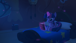 Size: 8192x4608 | Tagged: safe, artist:xppp1n, deleted from derpibooru, imported from derpibooru, twilight sparkle, 3d, absurd resolution, bed, book, levitation, magic, night, solo, source filmmaker, telekinesis