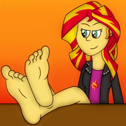 Size: 650x650 | Tagged: safe, artist:b-cacto, imported from derpibooru, sunset shimmer, equestria girls, barefoot, feet, foot fetish, foot focus, soles, solo, table