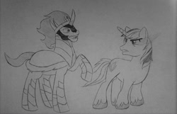 Size: 1024x658 | Tagged: safe, artist:cm-the-artist, artist:cmpony, imported from derpibooru, king sombra, shining armor, pony, unicorn, bevor, body swap, boots, corrupted shining armor, crown, cutie mark swap, dark magic, duo, gorget, helmet, jewelry, magic, peytral, regalia, shoes, simple background, sombra eyes, sombra's cape, sombra's robe, swapped cutie marks, white background