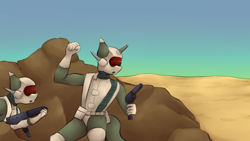 Size: 3000x1687 | Tagged: safe, artist:marsminer, imported from derpibooru, anthro, desert, dune, dune ii, gun, rock, soldier, weapon