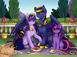 Size: 2000x1498 | Tagged: safe, artist:mr-tiaa, imported from derpibooru, twilight sparkle, oc, oc:night sky, oc:violet star, oc:zephyr, alicorn, pony, basket, blushing, canon x oc, cookie, daughter, family, female, food, holding hooves, mare, offspring, parent:oc:zephyr, parent:twilight sparkle, parents:canon x oc, parents:twiphyr, picnic, salad, shipping, smiling, son, spread wings, twilight sparkle (alicorn), twiphyr